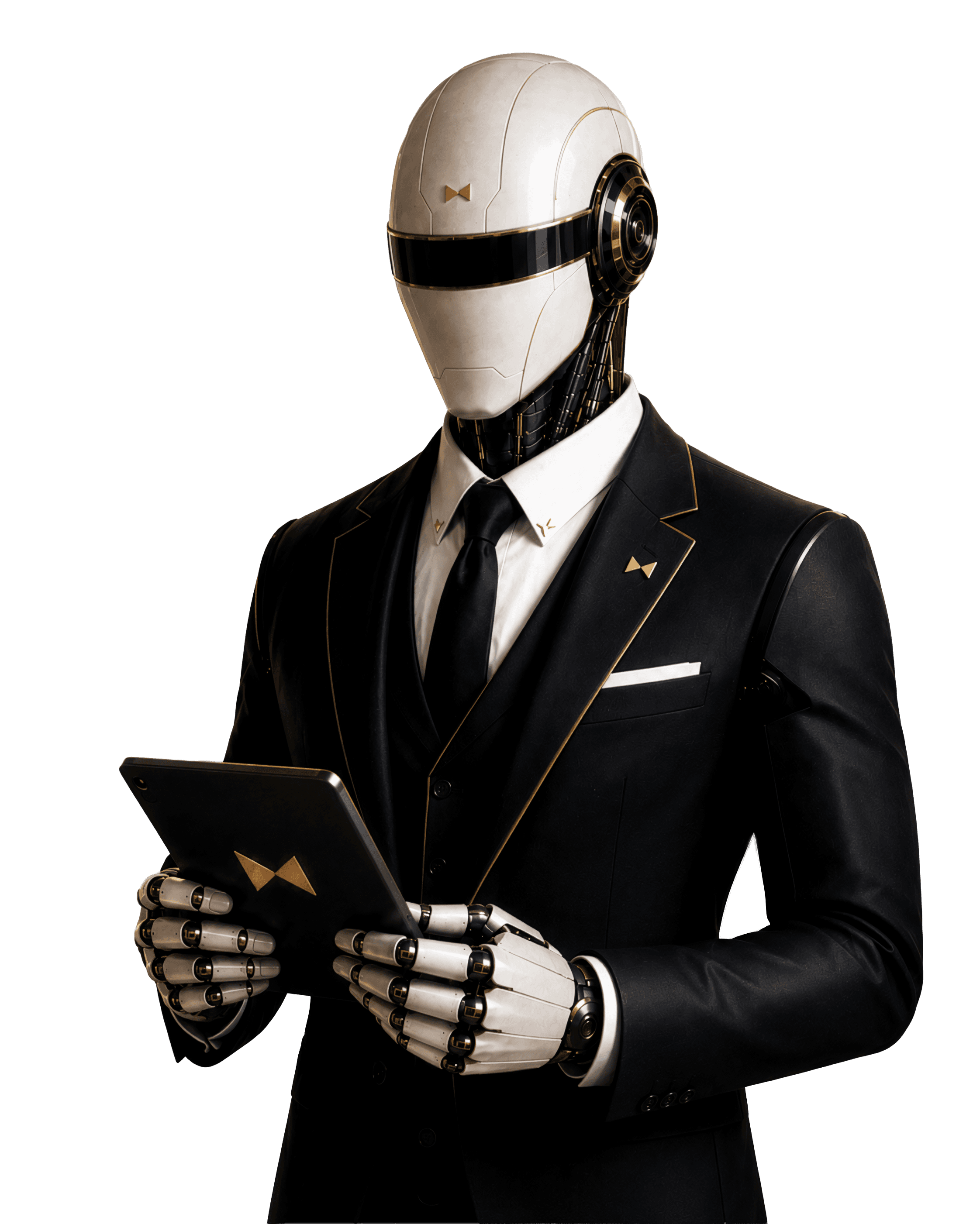 Alphons: an android butler in a black three-piece suit with gold trim, reading from a tablet.